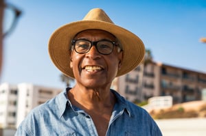 Senior man wearing a sun hat on the beach