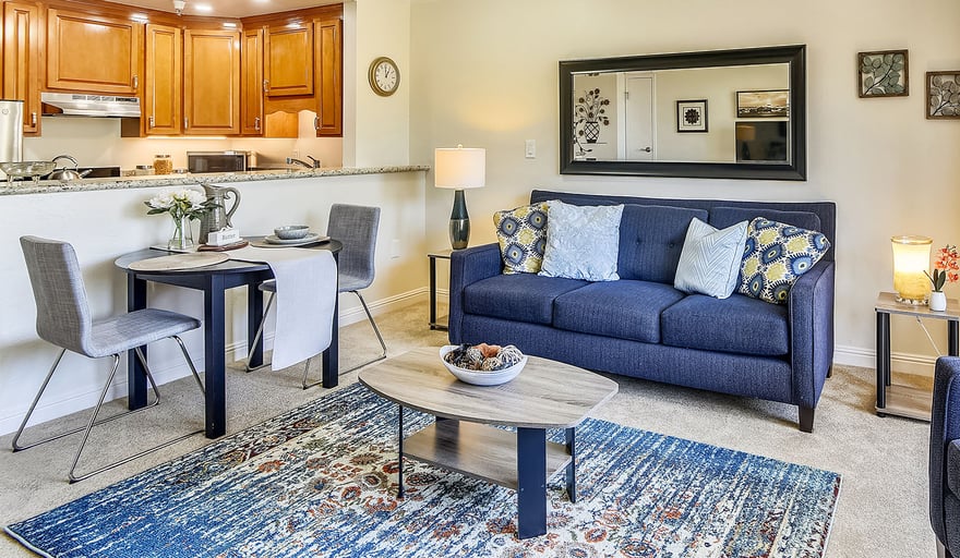 Kitchen and living room of an apartment at Piedmont Gardens