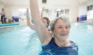 Senior women doing water aerobics in the indoor pool at Redwood Terrace