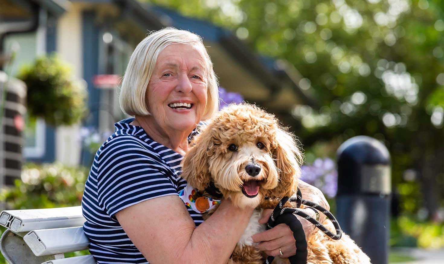 Senior woman holding dog while sitting on an outdoor bench at Redwood Terrace