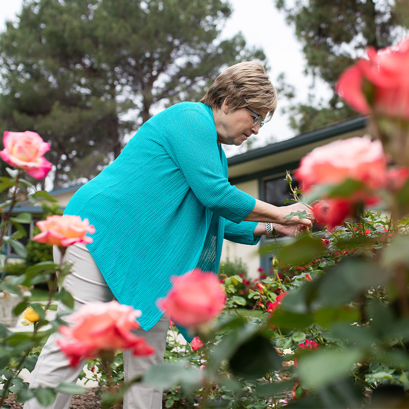 Senior woman working in the garden at Redwood Terrace