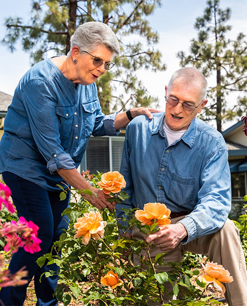 Senior couple looking at orange roses in the garden at Redwood Terrace