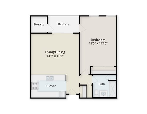 Floor plan of a one-bedroom apartment at Redwood Terrace 