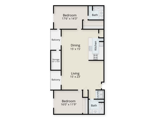 Floor plan of a two-bedroom apartment at Redwood Terrace