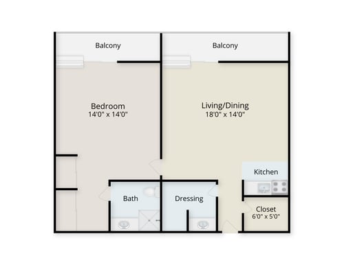 Floor plan of a one-bedroom apartment at Rosewood
