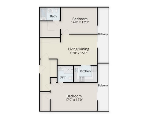 Floor plan of a two-bedroom apartment at Rosewood