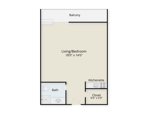 Floor plan of a studio apartment at Rosewood