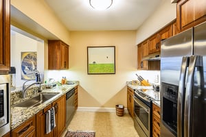 Galley kitchen with painting on the wall of an apartment at The Terraces at Los Altos