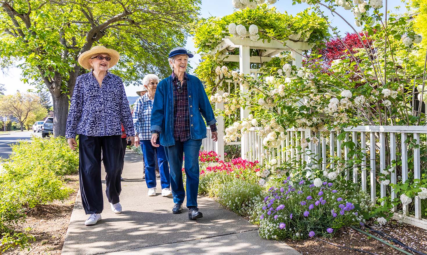 Group of senior friends walking down the sidewalk