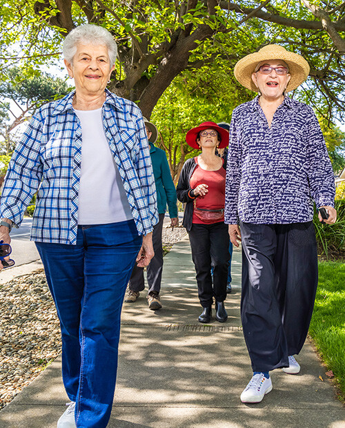 Group of senior friends walking down the sidewalk