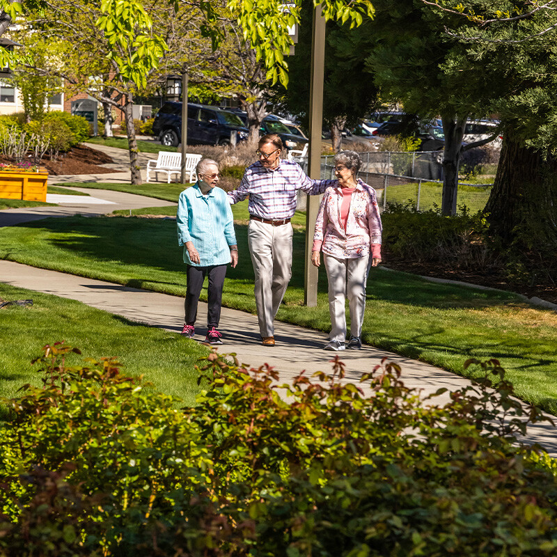 Two senior men and a senior woman walking outdoors at The Terraces at Summitview