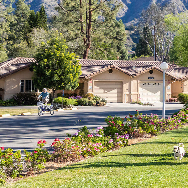 Homes at Westminster Gardens, a Life Plan Community in Duarte, California, with mountains in the background