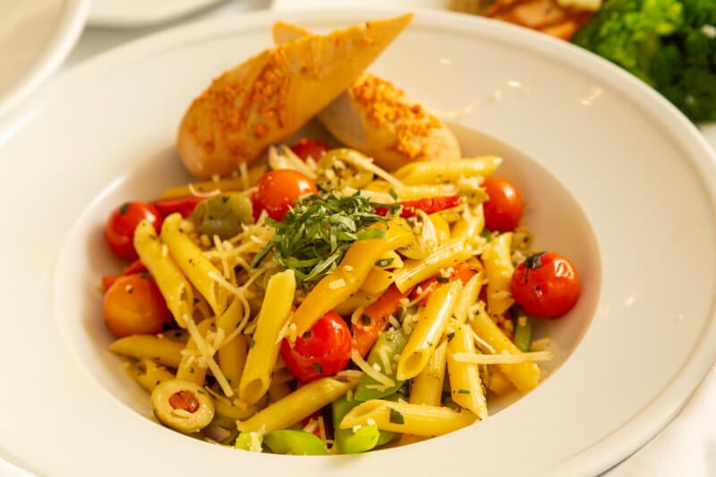 Pasta dish in a white bowl