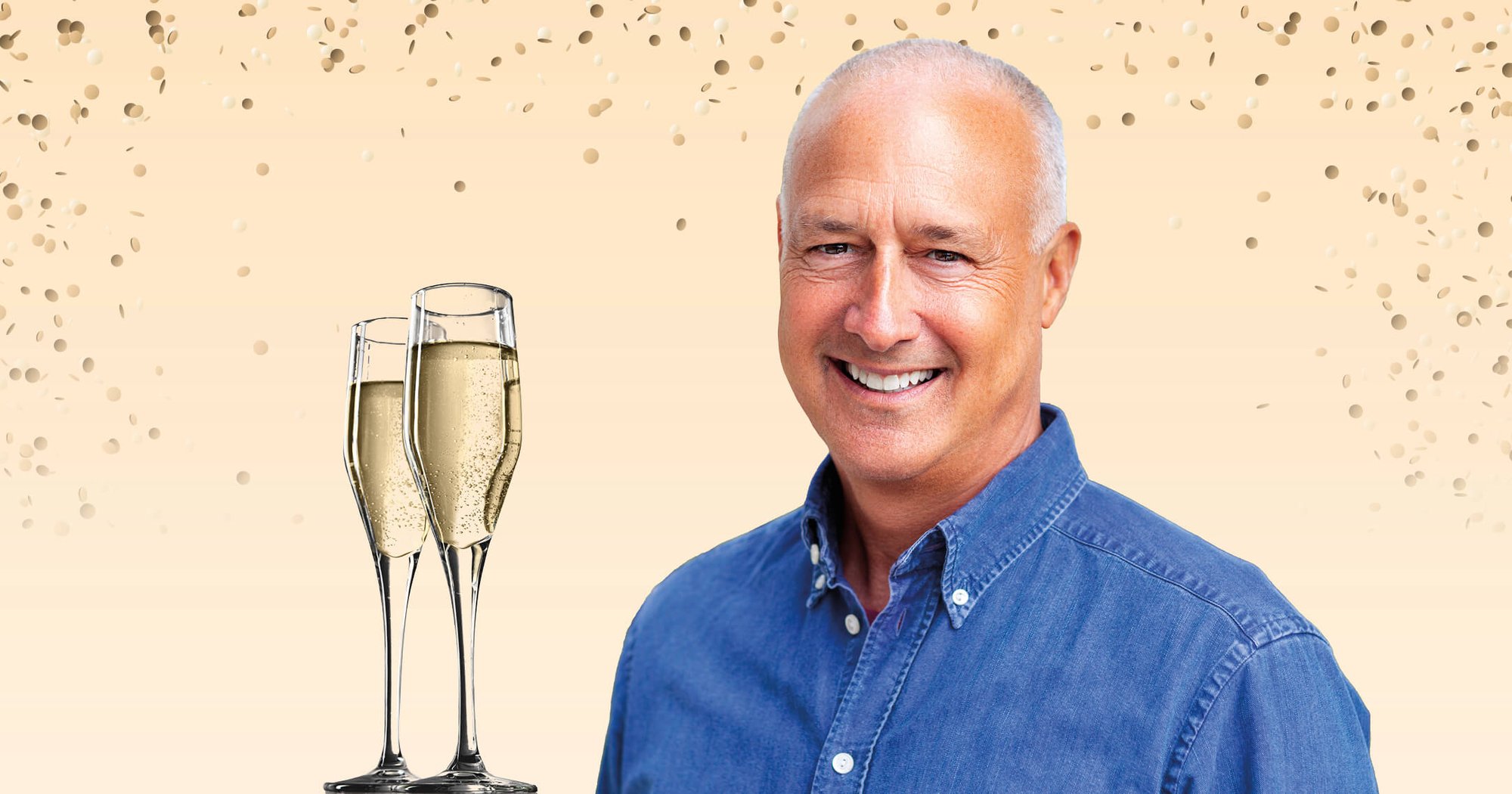 CEO John Cochrane smiling with confetti and champagne glasses on a light beige background.