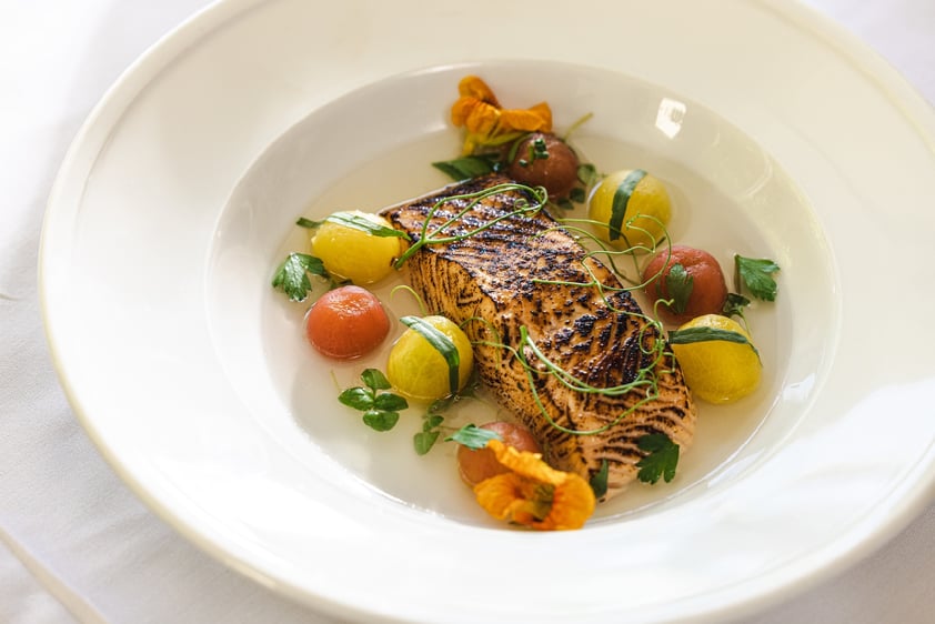 Salmon and tomato entree in a white dish