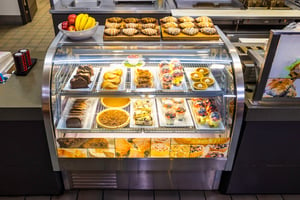 Pastries and fruit in the display case at the community cafe
