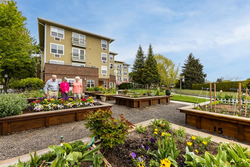 Three seniors standing in front of raised beds in the garden at The Terraces at Summitview