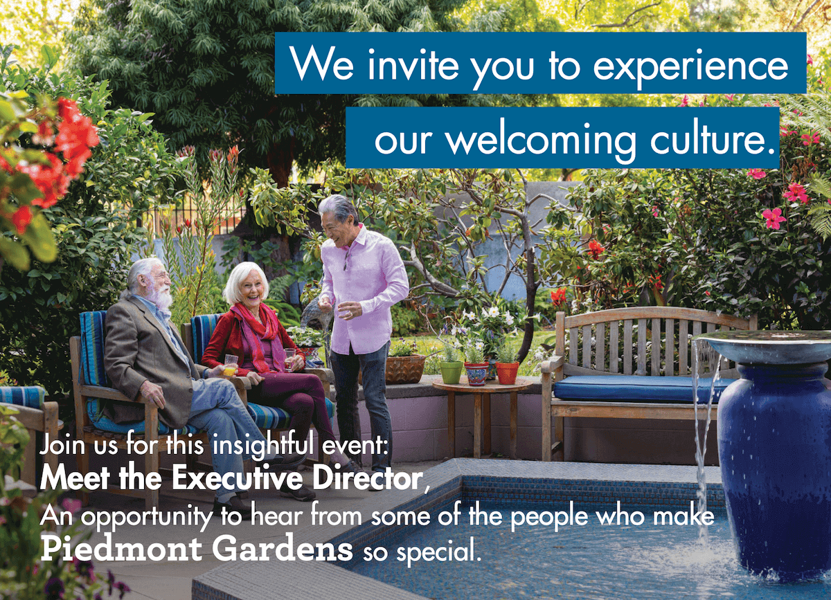 Three residents conversing in a lush garden with a fountain and vibrant flowers.