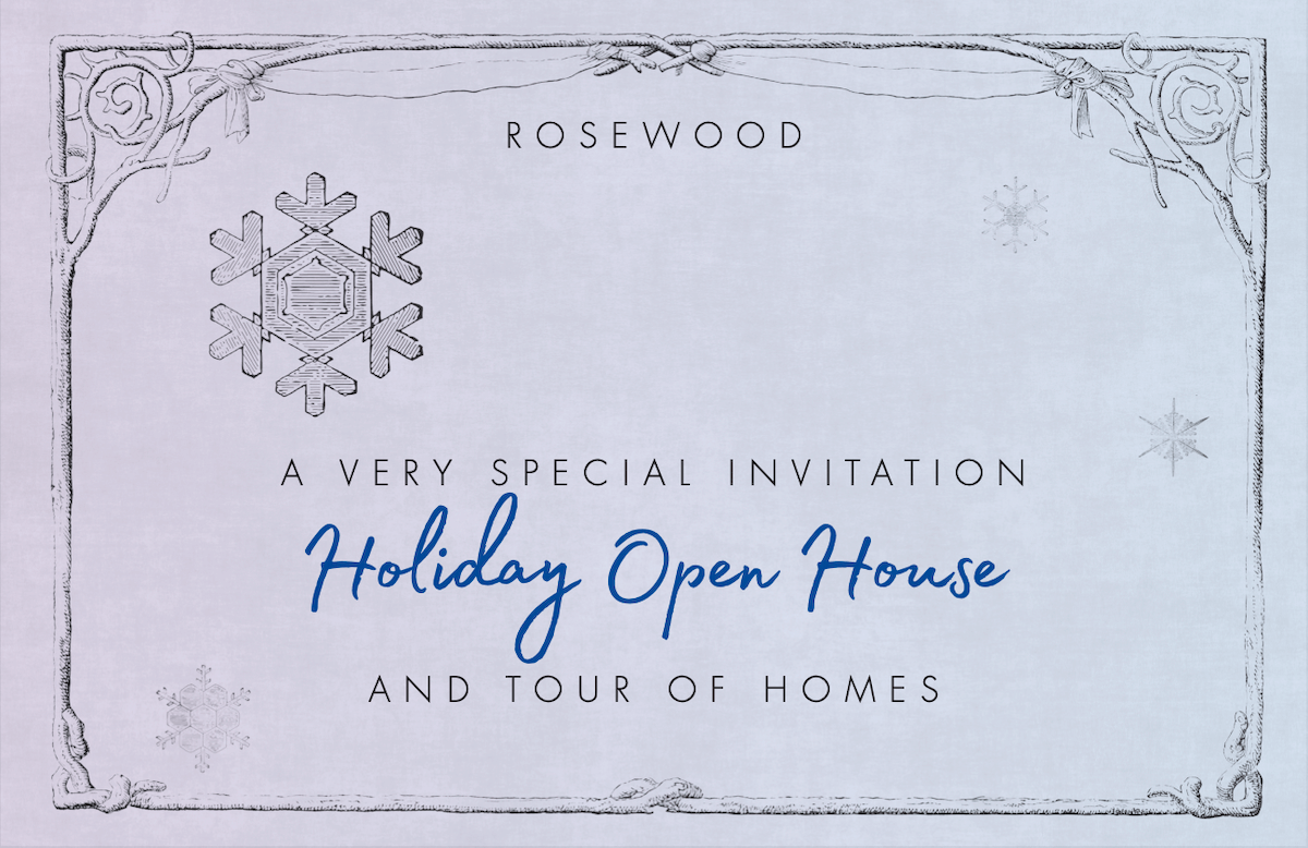 Invitation with ornate border and snowflake designs, titled "Holiday Open House."