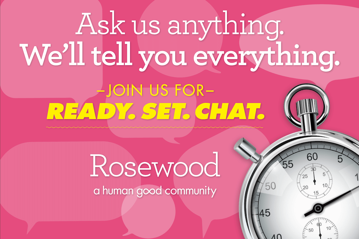 Promotional image with text about Rosewood community and a stopwatch illustration.