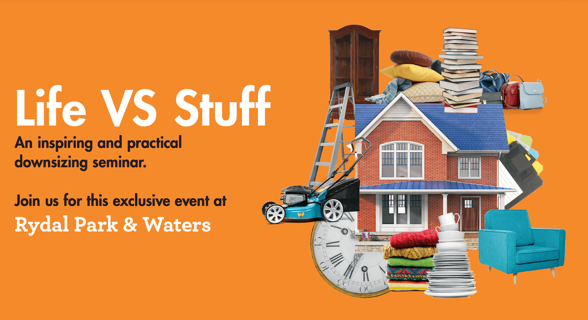 Promotional poster with text "Life VS Stuff" and collage of household items.