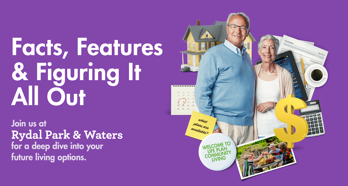 Residents with various items on a purple background with text about life planning.