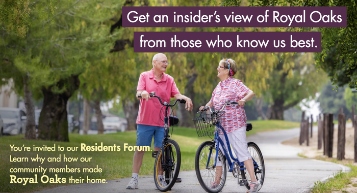 Residents with bicycles on a tree-lined pathway, with promotional text about Royal Oaks Residents Forum