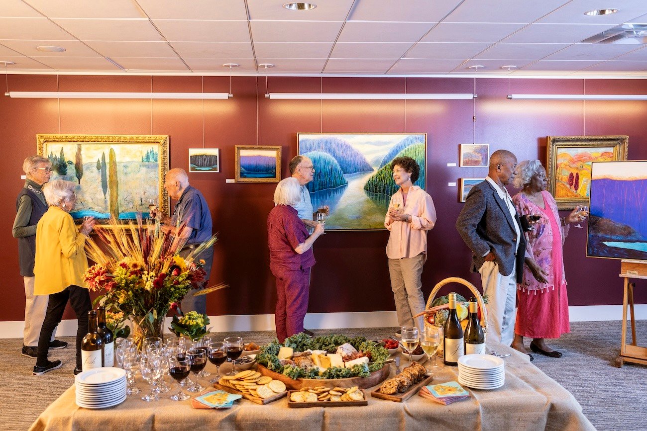 art and wine reception event at Springhouse, a HumanGood Life Plan Community