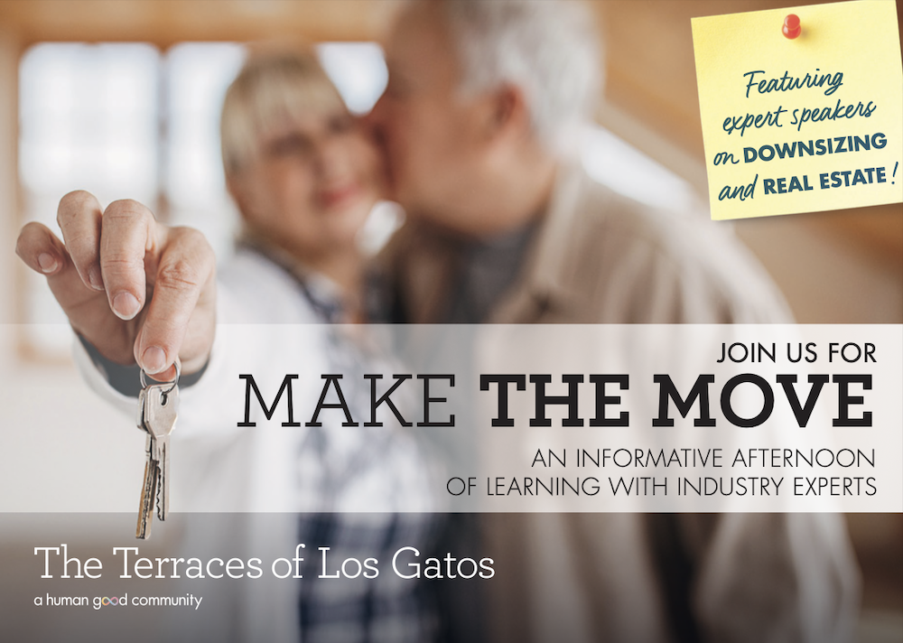 An elderly woman holds keys, with event text "MAKE THE MOVE" overlaid.