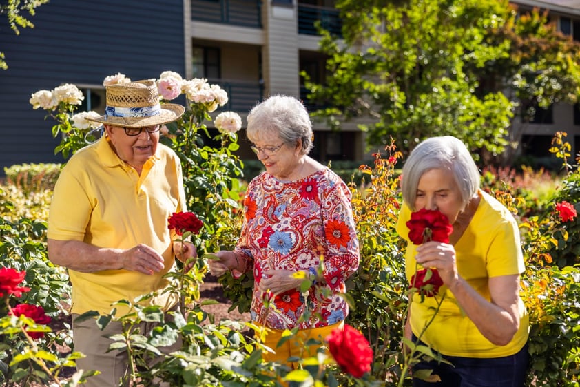 Two senior women and a senior man picking and smelling flowers in the garden at The Terraces of Los Gatos