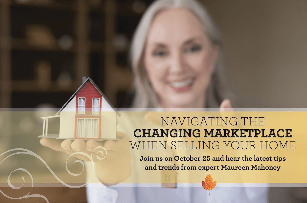 A woman smiling while holding a toy house, with the event name displayed on the left, representing home selling in a changing market