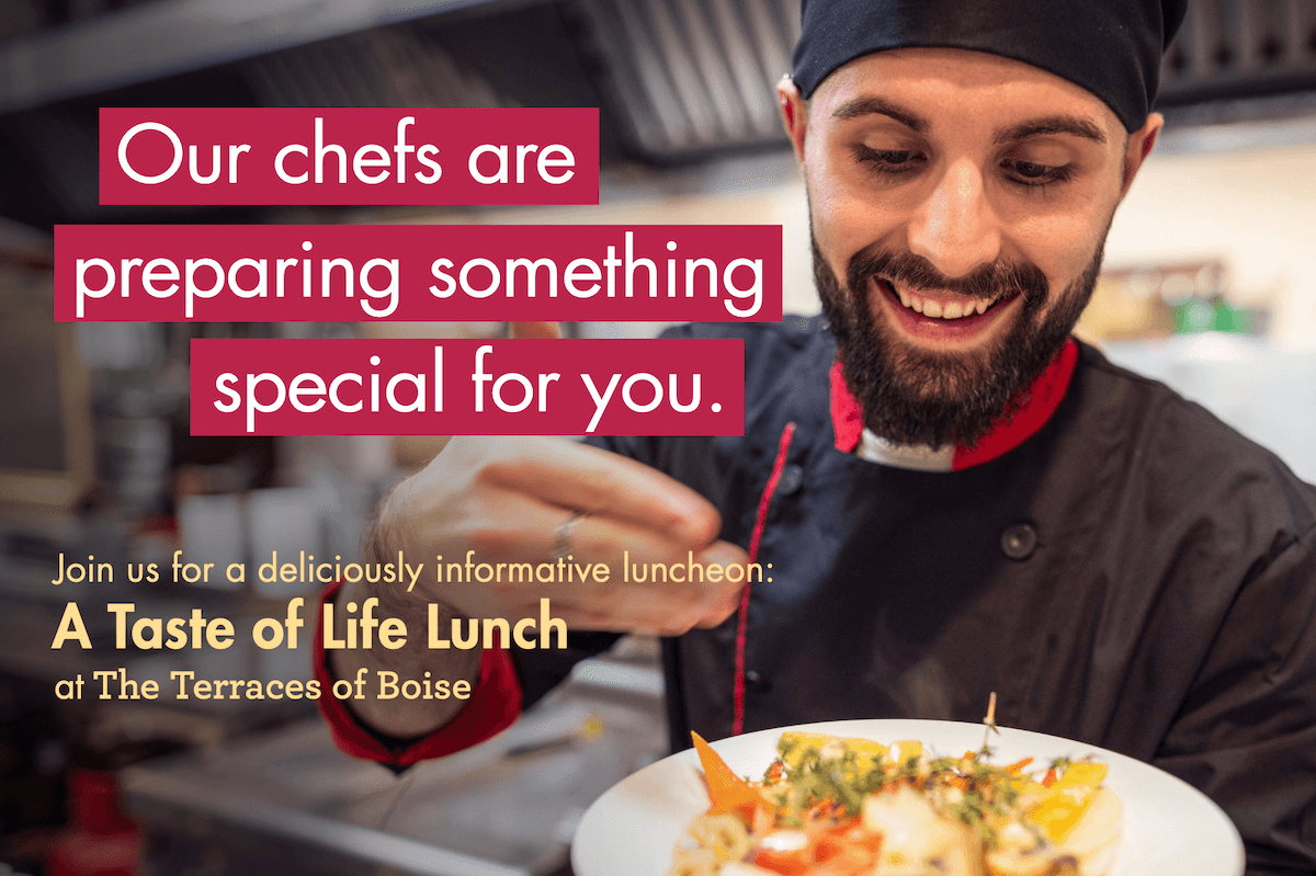 A chef smiling while holding a plate of food, with promotional text for a luncheon.