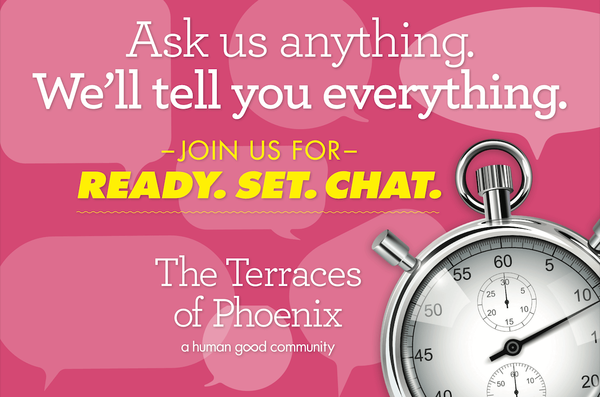 Promotional graphic with text about joining for a chat, featuring a pink background and a stopwatch.