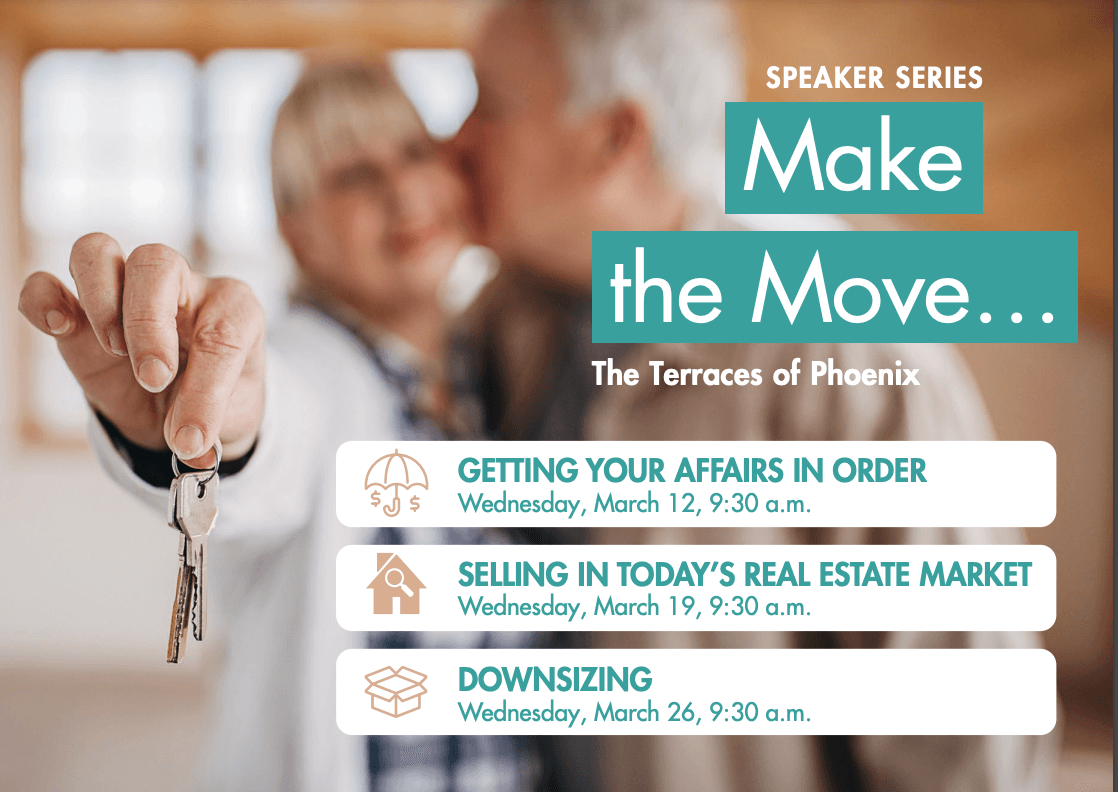 Close-up of a hand holding keys in front of blurred elderly couple with text about "Make the Move..." speaker series by The Terraces of Phoenix.