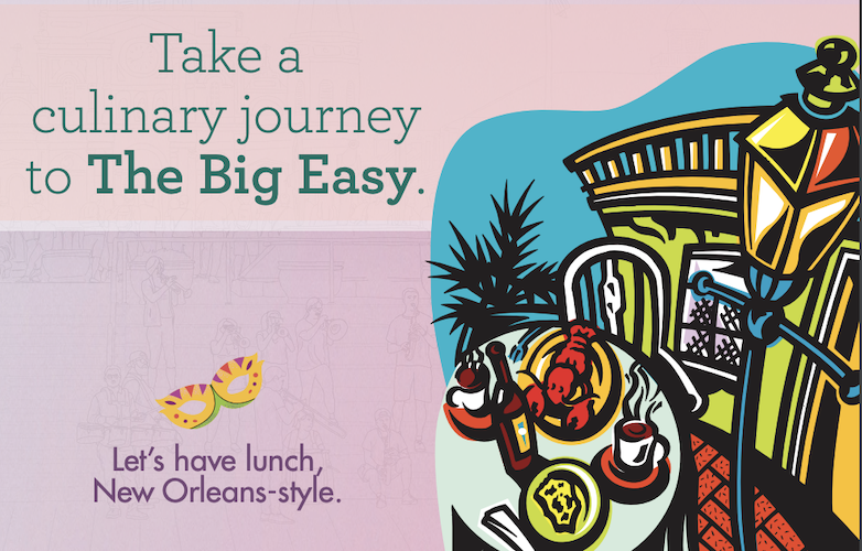 Illustration with text about a culinary journey to New Orleans and colorful imagery of a meal and New Orleans street scene.