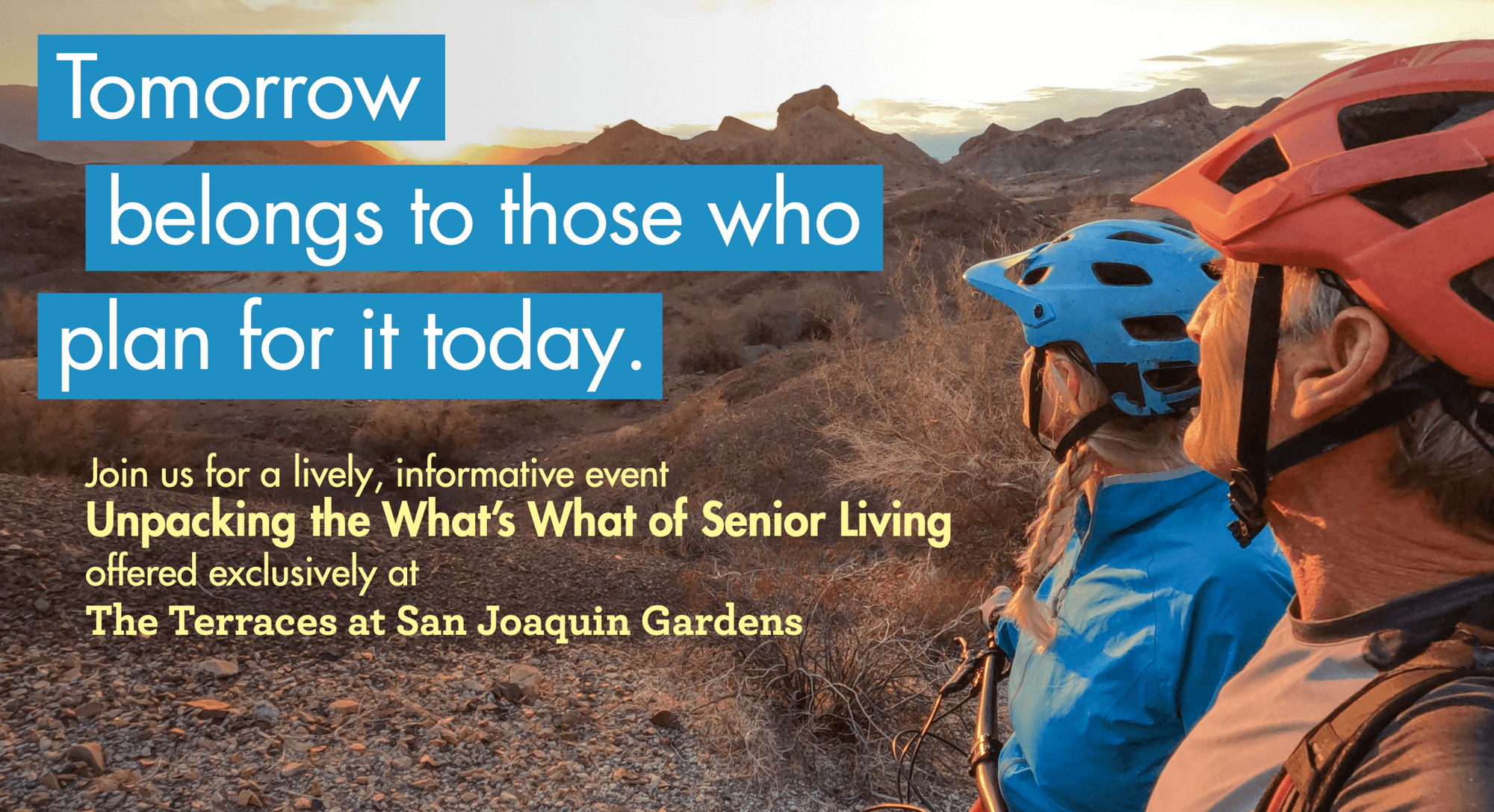 Two people in bike helmets looking at a sunset over a mountainous landscape with superimposed event text.