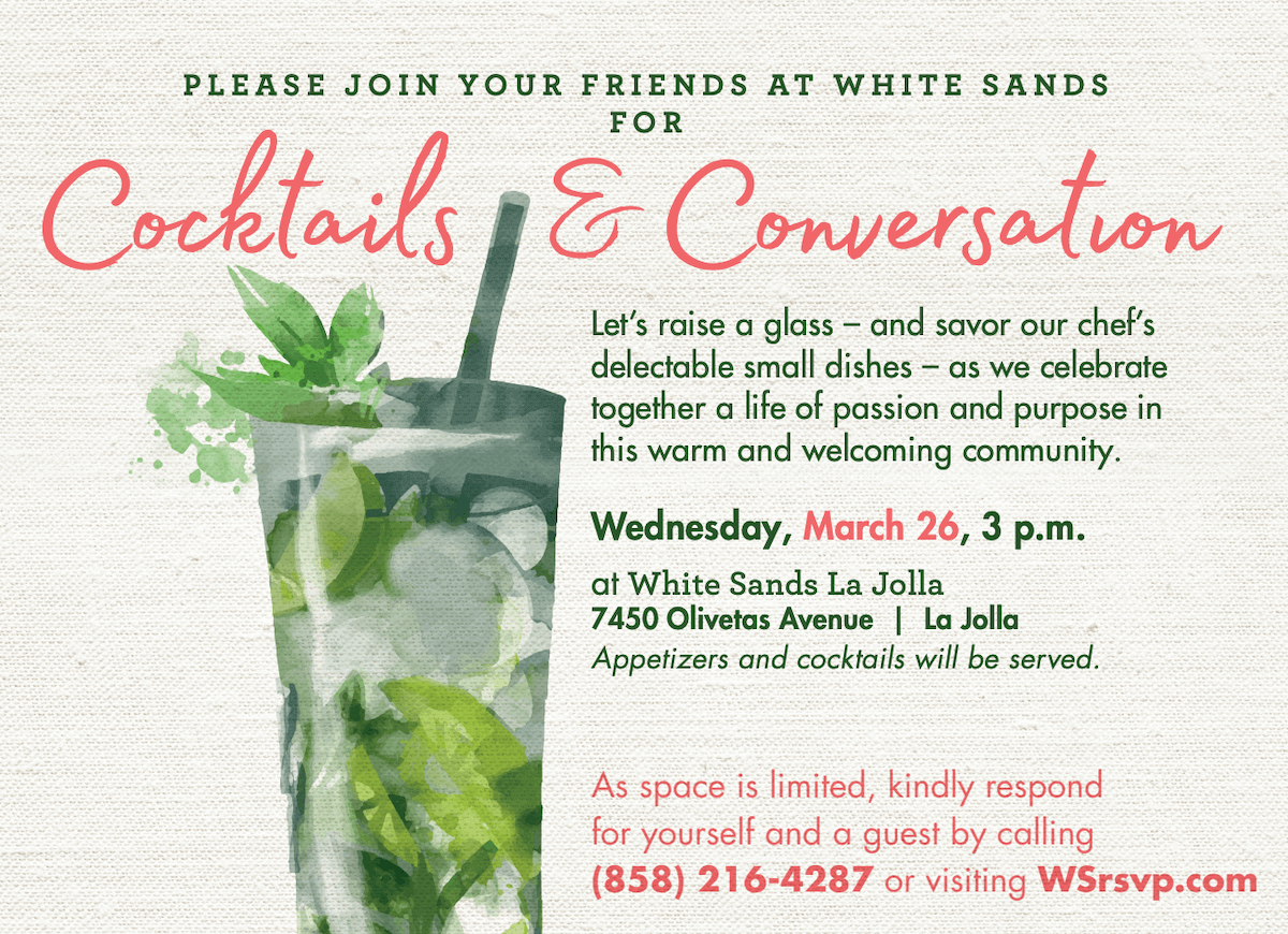 Invitation for "Cocktails & Conversation" with watercolor cocktail illustration.