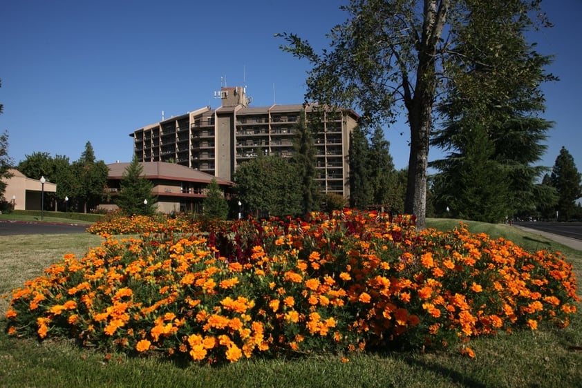 Exterior of apartment building at Rosewood, a Life Plan Community, with orange flowers in the foreground
