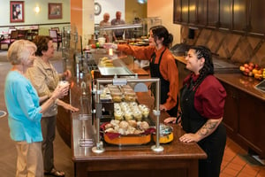 senior women standing at a pastry counter at a restaurant