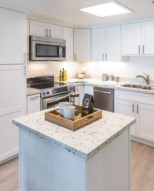 Modern fixtures and finishes in the kitchen of an apartment at Royal Oaks